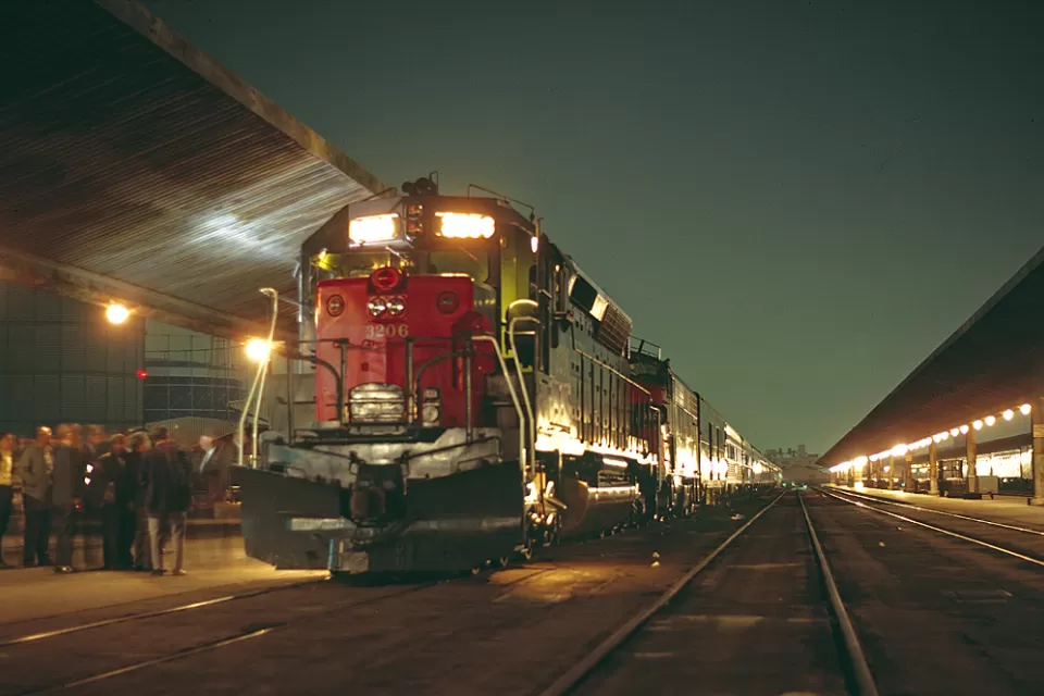 Nighttime view of the last Southern Pacific Lark overnight train leaving Los Angeles Union Station on April 8, 1968